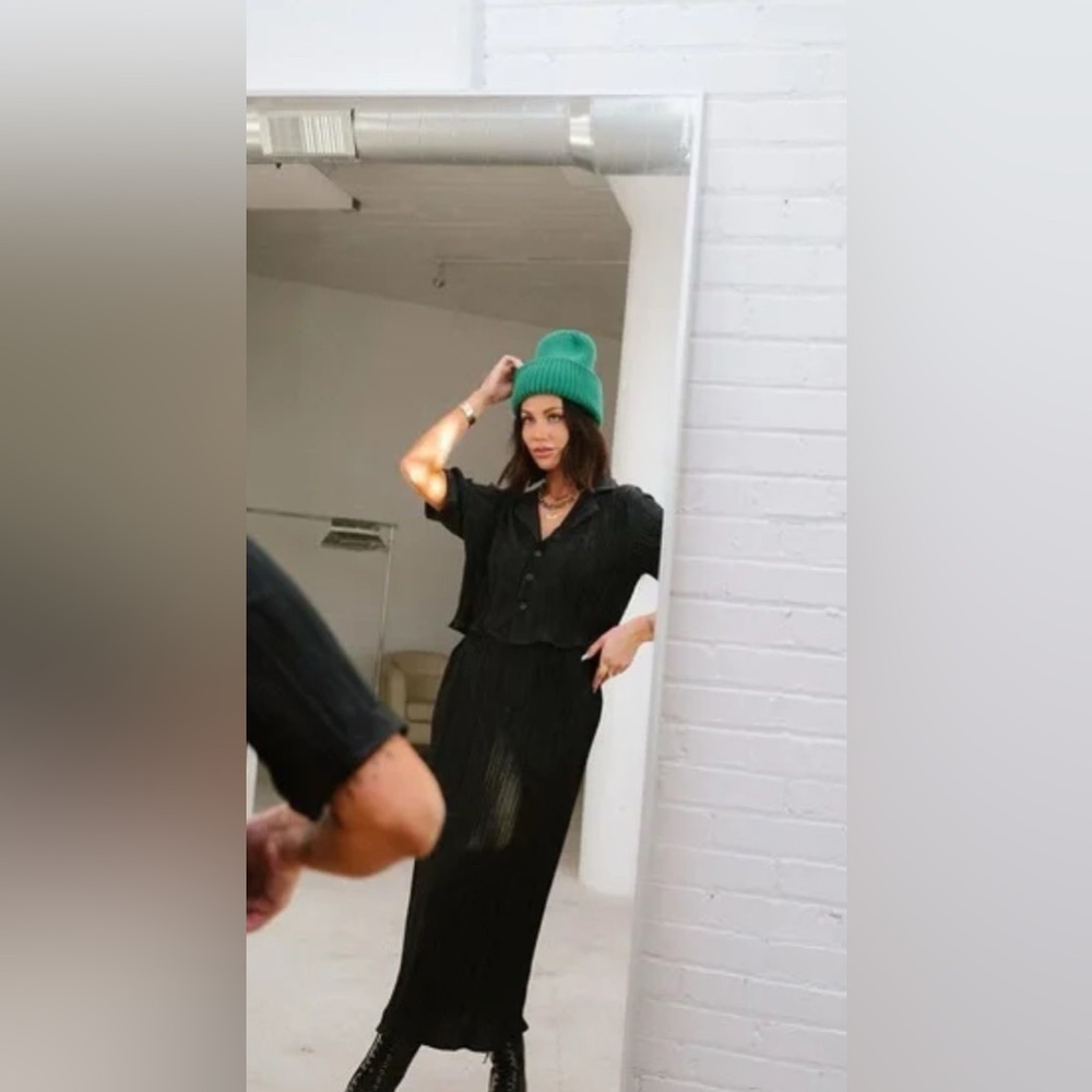 Dressed in LALA Black Maxi Skirt Outfit with Green Beanie